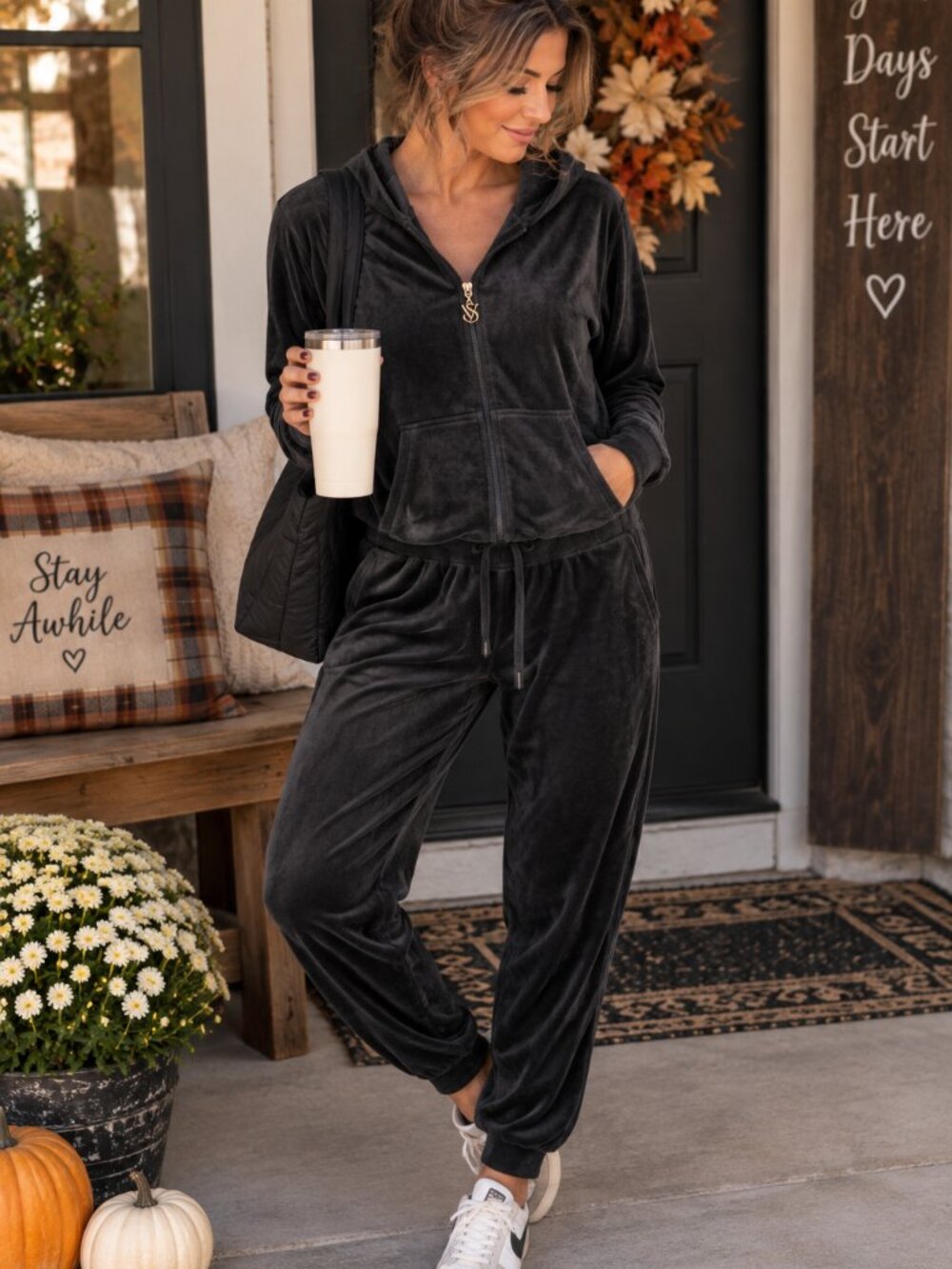 Victoria's Secret On Point Black Velour Tracksuit Set M 🖤103